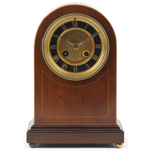 107 - Edwardian inlaid mahogany dome top mantle clock with painted chapter ring having Roman numerals, 27c... 