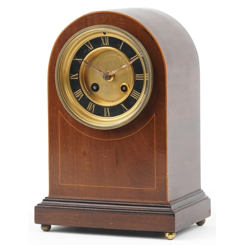 107 - Edwardian inlaid mahogany dome top mantle clock with painted chapter ring having Roman numerals, 27c... 