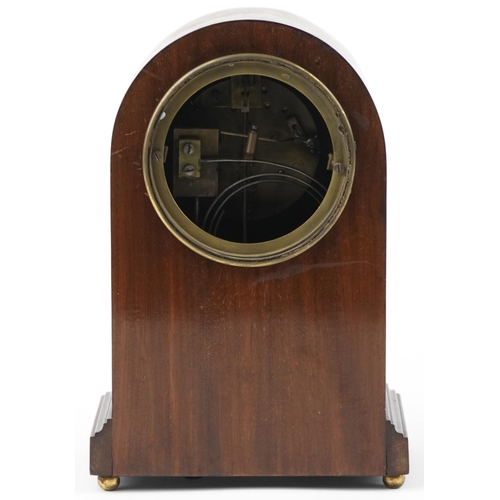 107 - Edwardian inlaid mahogany dome top mantle clock with painted chapter ring having Roman numerals, 27c... 