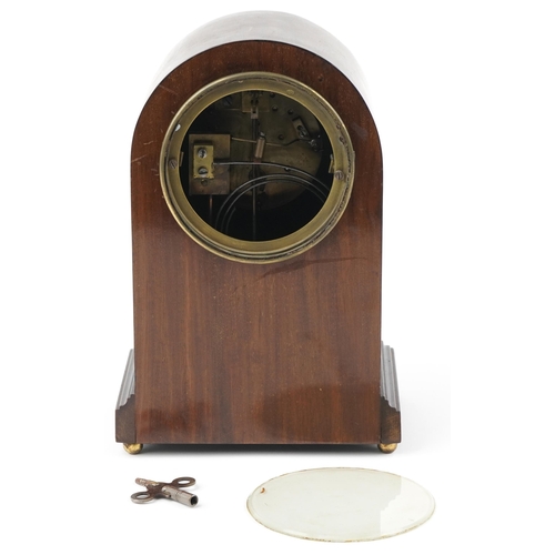 107 - Edwardian inlaid mahogany dome top mantle clock with painted chapter ring having Roman numerals, 27c... 