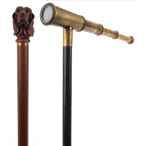 1461 - Two hardwood walking sticks including one with three draw brass telescope handle, the largest 92.5cm... 