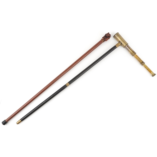 1461 - Two hardwood walking sticks including one with three draw brass telescope handle, the largest 92.5cm... 