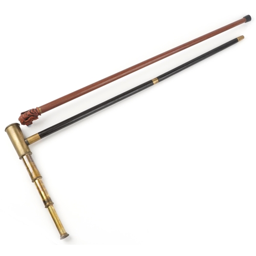 1461 - Two hardwood walking sticks including one with three draw brass telescope handle, the largest 92.5cm... 