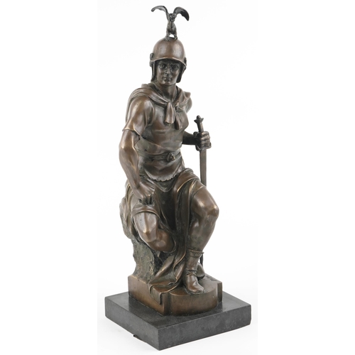 99 - After Paul Dubois, large patinated bronze statue of Mars or Military Courage raised on a rectangular... 