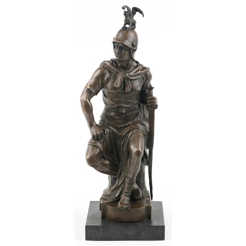 99 - After Paul Dubois, large patinated bronze statue of Mars or Military Courage raised on a rectangular... 