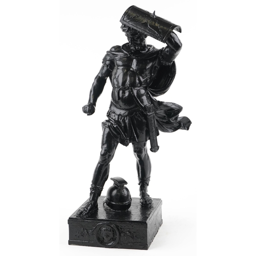 100 - After Francois Moreau, large black painted cast metal statue of a Roman warrior, 65.5cm high