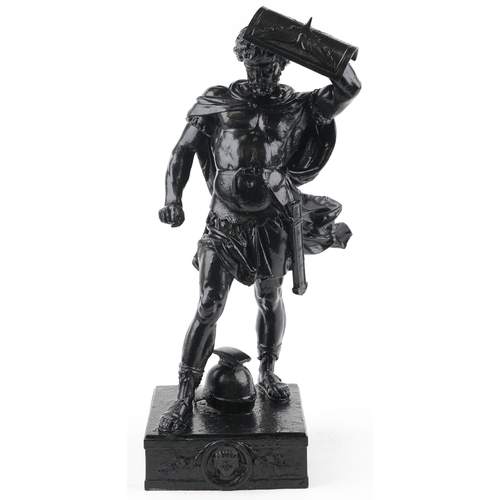 100 - After Francois Moreau, large black painted cast metal statue of a Roman warrior, 65.5cm high