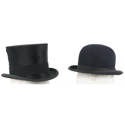 1302 - Early 20th century moleskin top hat by Lincoln Bennett & Co of Piccadilly London and a similar bowle... 