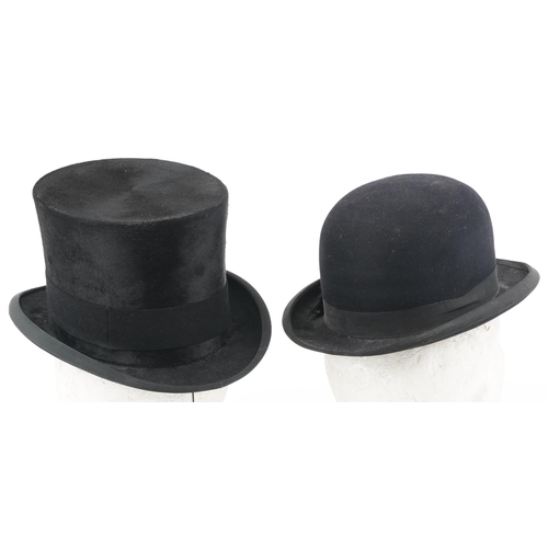 1302 - Early 20th century moleskin top hat by Lincoln Bennett & Co of Piccadilly London and a similar bowle... 