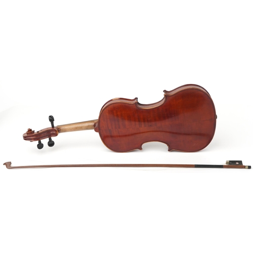 1201 - Old wooden violin with bow and fitted case, the violin bearing a Murdoch & Co London paper label, th... 