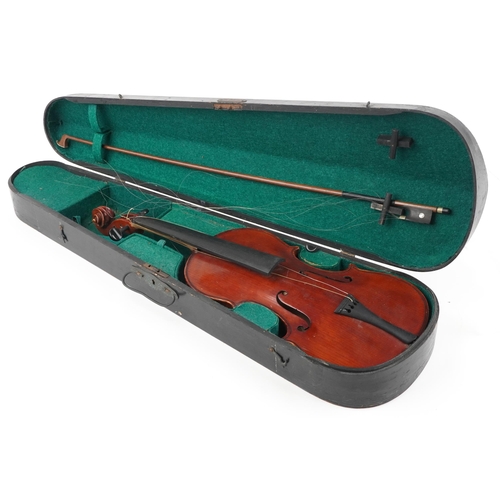 1201 - Old wooden violin with bow and fitted case, the violin bearing a Murdoch & Co London paper label, th... 