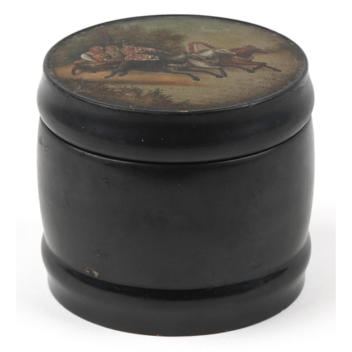 363 - Russian black lacquered cylindrical tobacco jar with lift off lid hand painted with a troika, variou... 