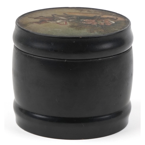 363 - Russian black lacquered cylindrical tobacco jar with lift off lid hand painted with a troika, variou... 