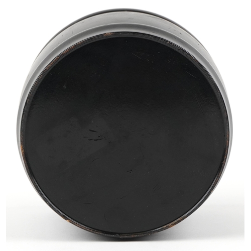 363 - Russian black lacquered cylindrical tobacco jar with lift off lid hand painted with a troika, variou... 