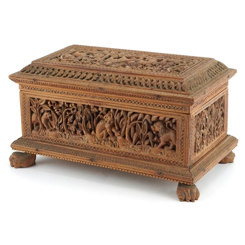  Good Anglo Indian sandalwood wood table casket with lift off lid and paw feet profusely carved with ... 