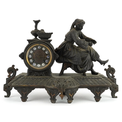 308 - 19th century partially gilt patinated spelter figural mantle clock striking on a bell with circular ... 