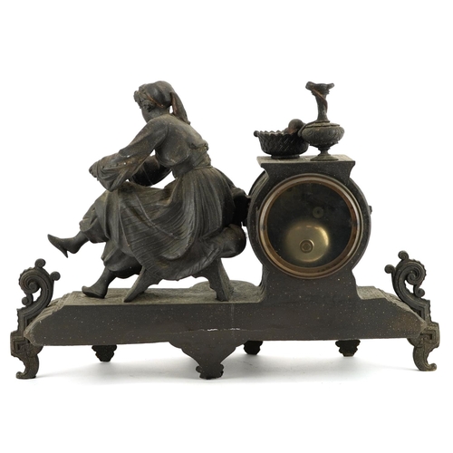 308 - 19th century partially gilt patinated spelter figural mantle clock striking on a bell with circular ... 