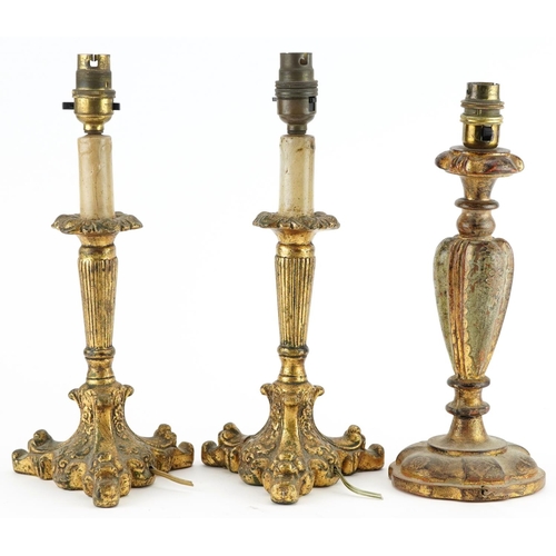 209 - Pair of 19th century French style giltwood candlesticks and an Italian example, the pair each 33cm h... 