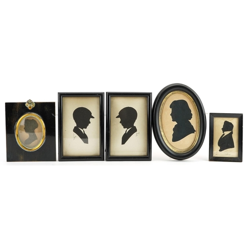 244 - Five Georgian and later hand painted and cut out silhouette portrait miniatures housed in ebonised f... 