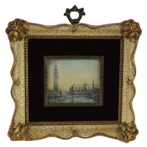 241 - Italian portrait miniature hand painted with view of St Mark's Square Venice housed in a cream and g... 