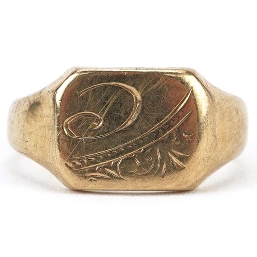 2694 - 9ct gold engraved signet ring, size F, 2.6g