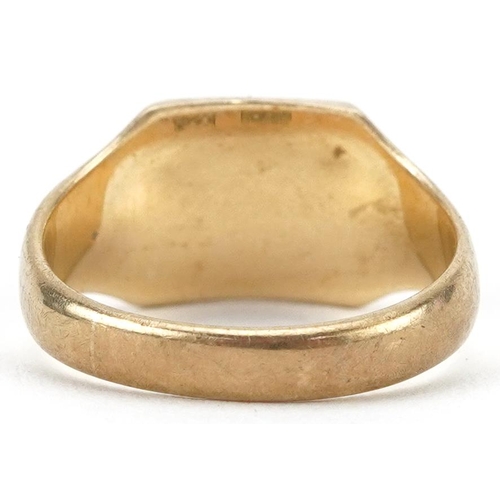 2694 - 9ct gold engraved signet ring, size F, 2.6g