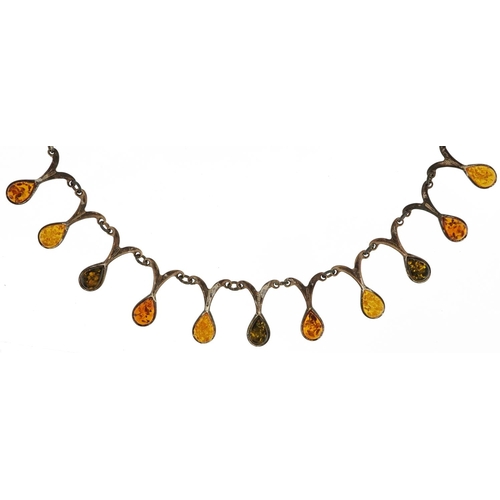 2762 - Silver cabochon natural amber teardrop necklace, 40cm in length, 30.2g