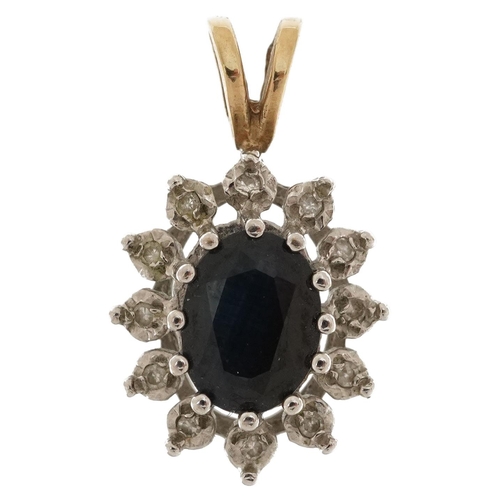 2224 - 9ct gold sapphire and diamond cluster pendant, the sapphire approximately 7.30mm x 6.70mm x 2.70mm d... 