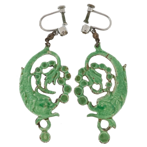 2528 - Pair of vintage silver, green enamel and clear stone Victorian dolphin earrings with screw backs, 6c... 