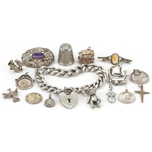 2620 - Silver jewellery and coins including Viking longboat brooch by Shipton & Co Ltd, Scottish brooch, si... 