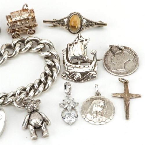 2620 - Silver jewellery and coins including Viking longboat brooch by Shipton & Co Ltd, Scottish brooch, si... 