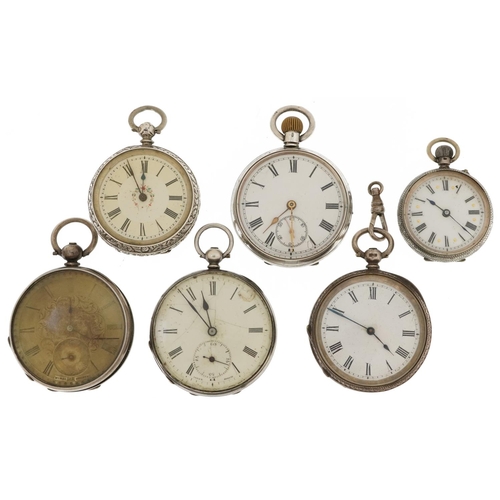 2707 - Six antique and later silver key wind and keyless open face pocket watches, five with enamelled dial... 