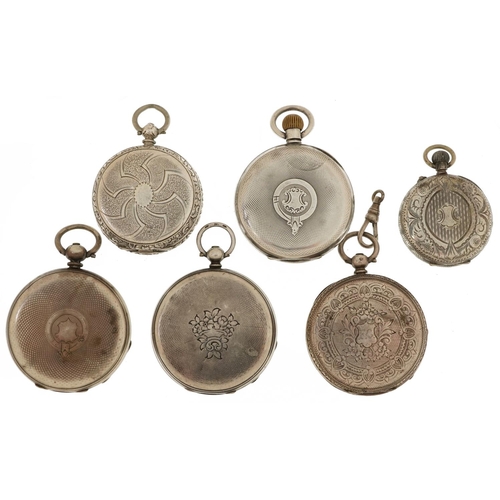 2707 - Six antique and later silver key wind and keyless open face pocket watches, five with enamelled dial... 