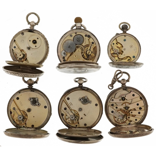 2707 - Six antique and later silver key wind and keyless open face pocket watches, five with enamelled dial... 