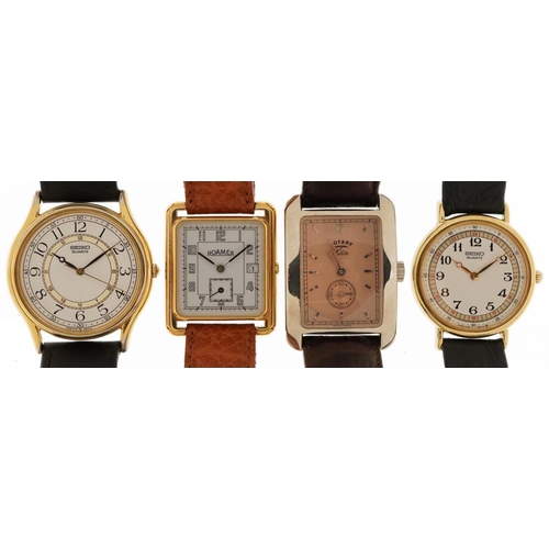 2697 - Four gentlemen's wristwatches comprising a manual Rotary Elite, two Seikos and a Roamer, the largest... 