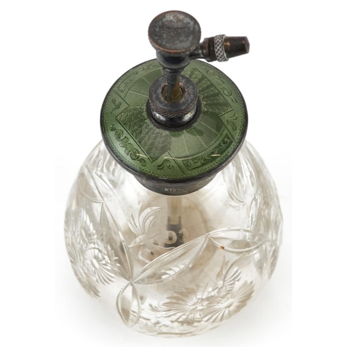 174 - Art Deco glass atomiser with sterling silver and green guilloche enamel top, 13cm high