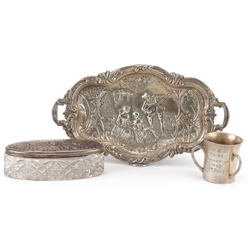 325 - Victorian and later silver objects comprising a twin handled tray embossed with a gentleman serenadi... 