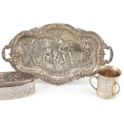 325 - Victorian and later silver objects comprising a twin handled tray embossed with a gentleman serenadi... 