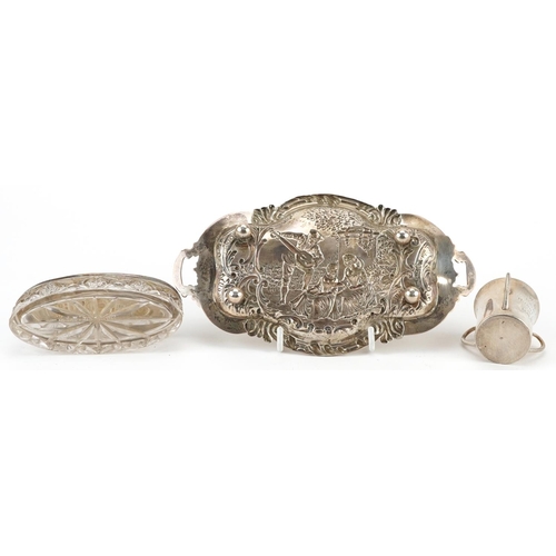 325 - Victorian and later silver objects comprising a twin handled tray embossed with a gentleman serenadi... 