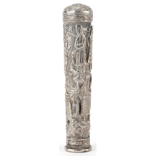 327 - Persian unmarked silver walking stick handle profusely embossed with figures and wild animals, 12.5c... 