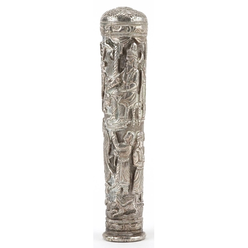 327 - Persian unmarked silver walking stick handle profusely embossed with figures and wild animals, 12.5c... 