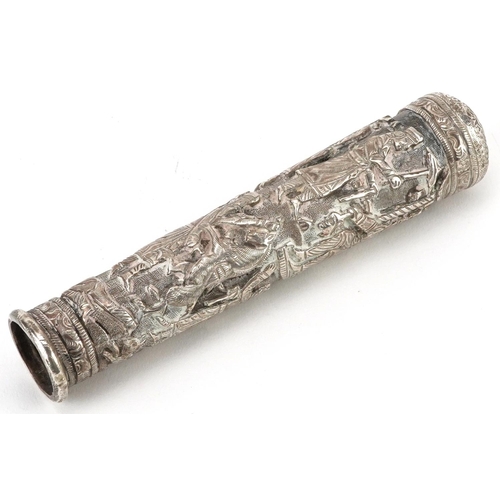 327 - Persian unmarked silver walking stick handle profusely embossed with figures and wild animals, 12.5c... 