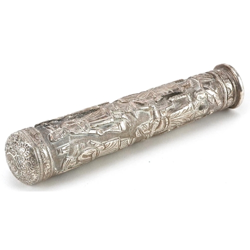 327 - Persian unmarked silver walking stick handle profusely embossed with figures and wild animals, 12.5c... 