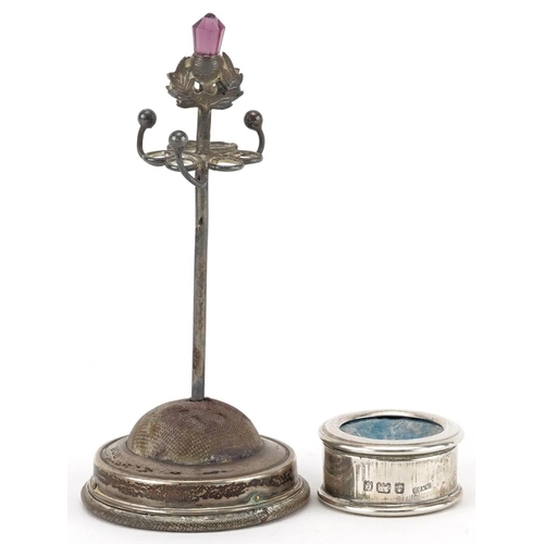 395 - Art Nouveau silver hatpin stand with Scottish amethyst thistle terminal and a silver snooker cue cha... 