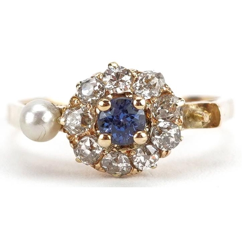 2221 - 18ct gold sapphire, diamond and cultured pearl ring, the sapphire approximately 3.60mm in diameter, ... 