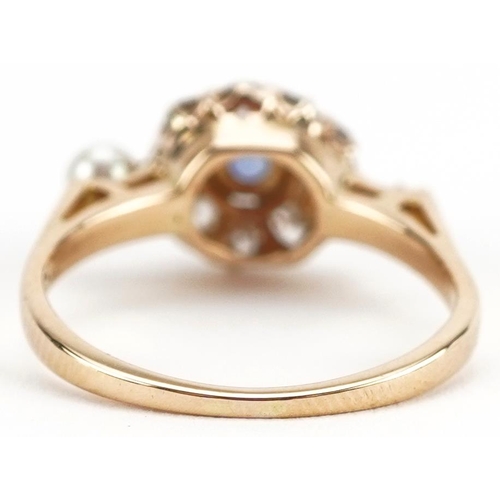 2221 - 18ct gold sapphire, diamond and cultured pearl ring, the sapphire approximately 3.60mm in diameter, ... 