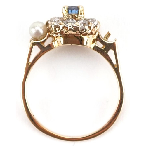 2221 - 18ct gold sapphire, diamond and cultured pearl ring, the sapphire approximately 3.60mm in diameter, ... 