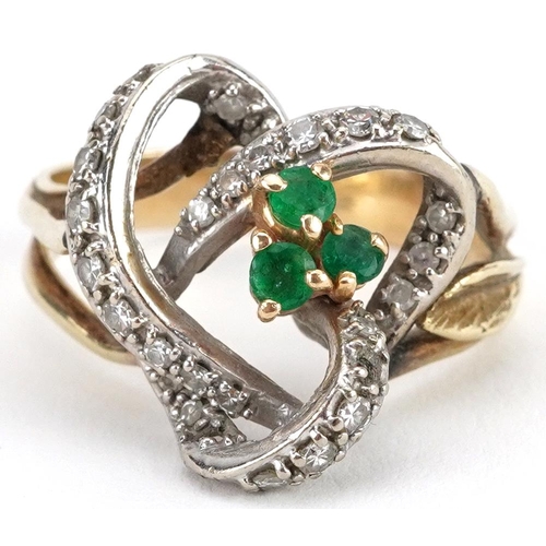 2135 - 14ct gold diamond and emerald openwork cocktail ring, size R, 7.4g