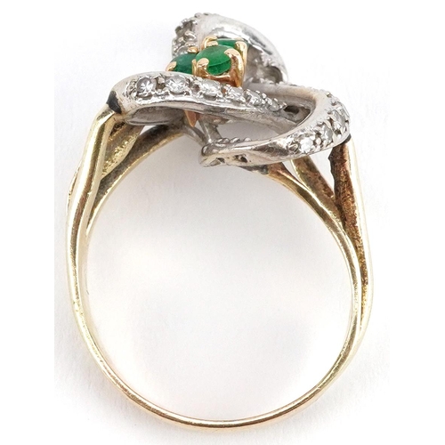 2135 - 14ct gold diamond and emerald openwork cocktail ring, size R, 7.4g