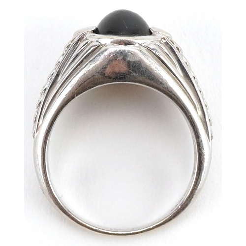 2039 - 9ct white gold cabochon ring with pierced shoulders, possibly hematite, size T, 9.2g